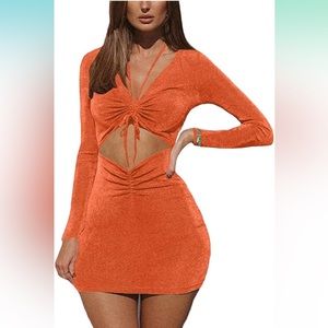 Women's Halter Cut Out Drawstring Ruch Bodycon Y2K Long Sleeve Mini Dress